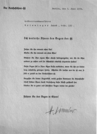 SS-Ehrendegen_Verleihungsurkunde_Grimminger